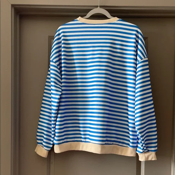 Amazon Blue & White Striped Crewneck Sweatshirt with Light Yellow Trim - Picture 3 of 3